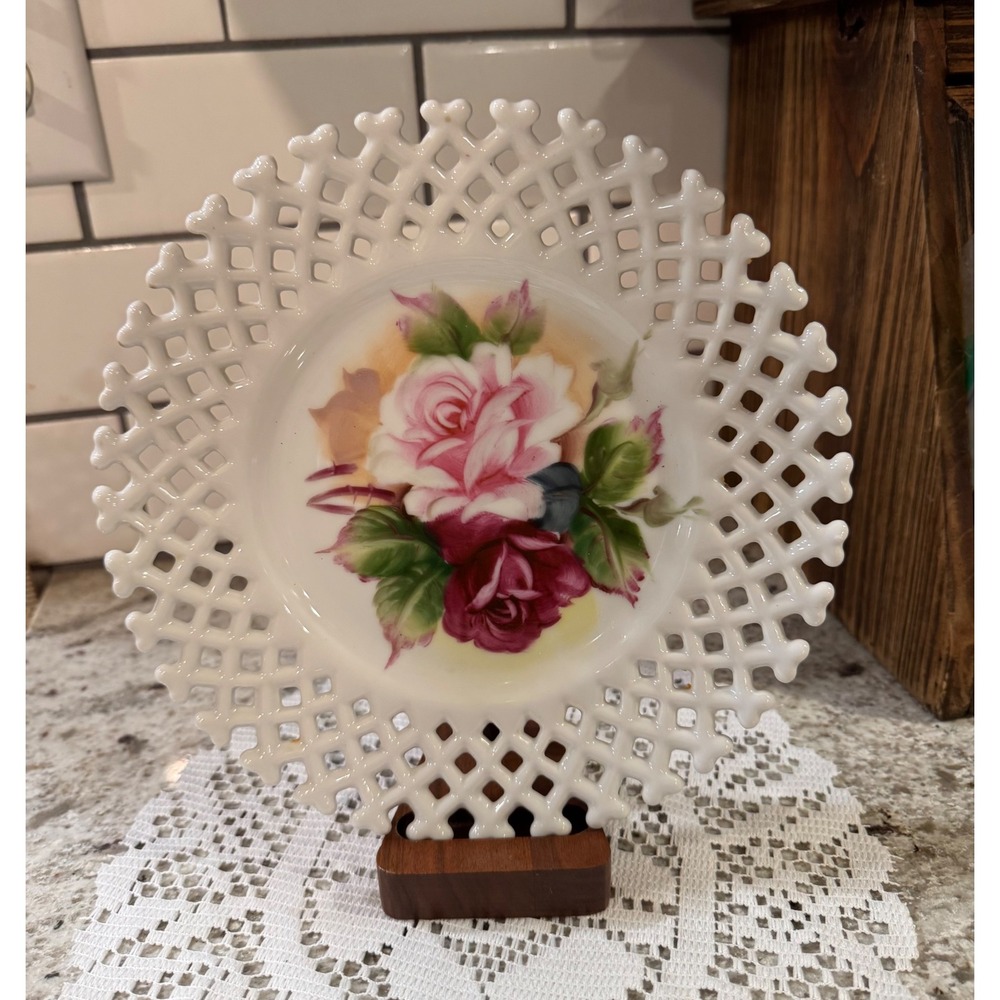 Vintage Lefton China Hand Painted Rose Plate Reticulated Lattice Edge Japan 8"